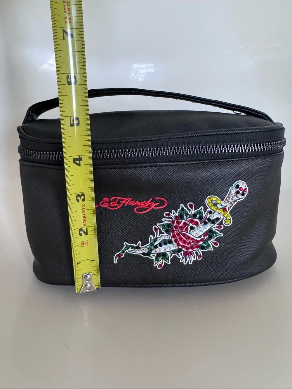 NWOT Ed Hardy Rhinestone Rose Dagger Cosmetic Travel Makeup Case Y2K Black Rock